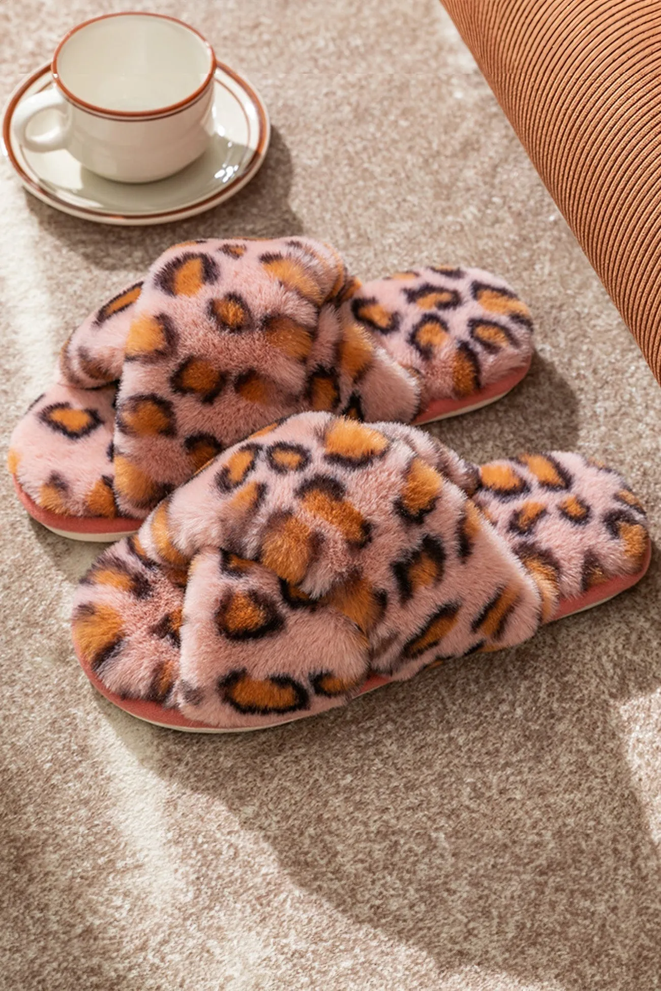 Amozae-Leopard Print Cross Strap Fuzzy Slippers