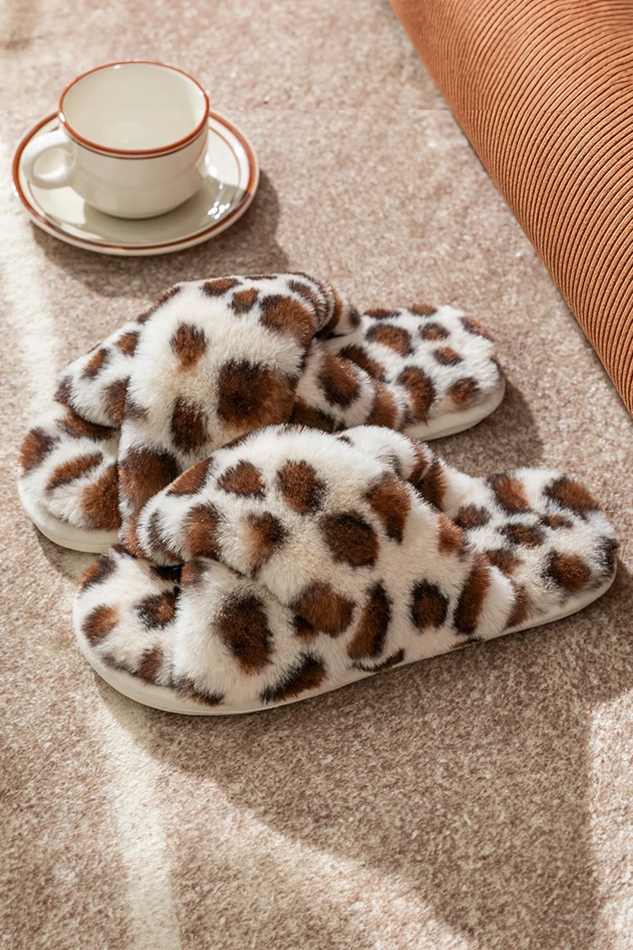 Amozae-Leopard Print Cross Strap Fuzzy Slippers