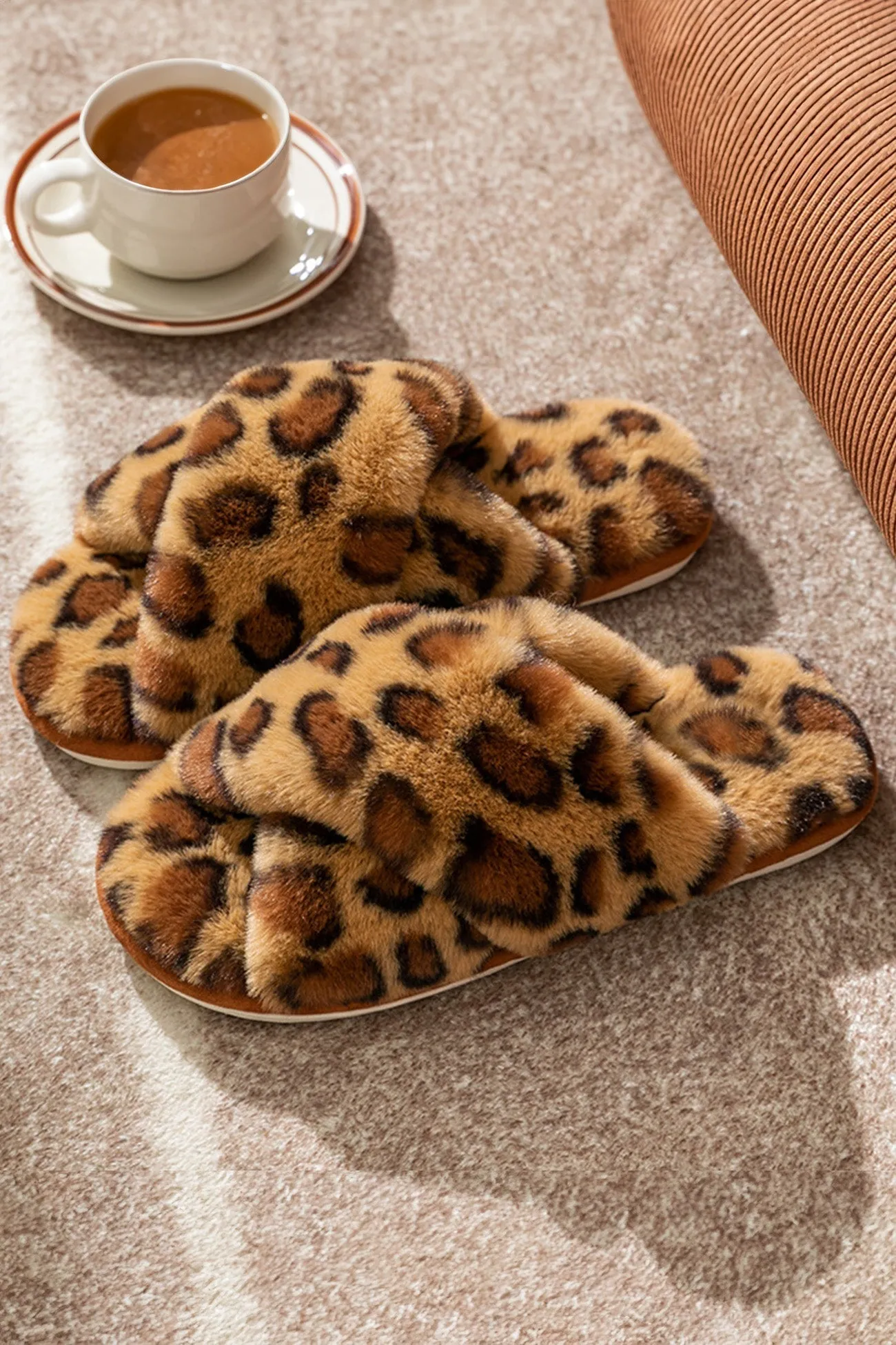 Amozae-Leopard Print Cross Strap Fuzzy Slippers