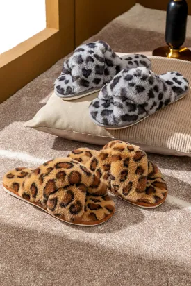 Amozae-Leopard Print Cross Strap Fuzzy Slippers