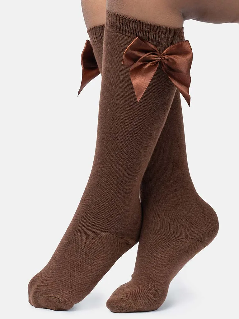 Baby Girl Vibrant Big Satin Bow Knee Socks-Brown