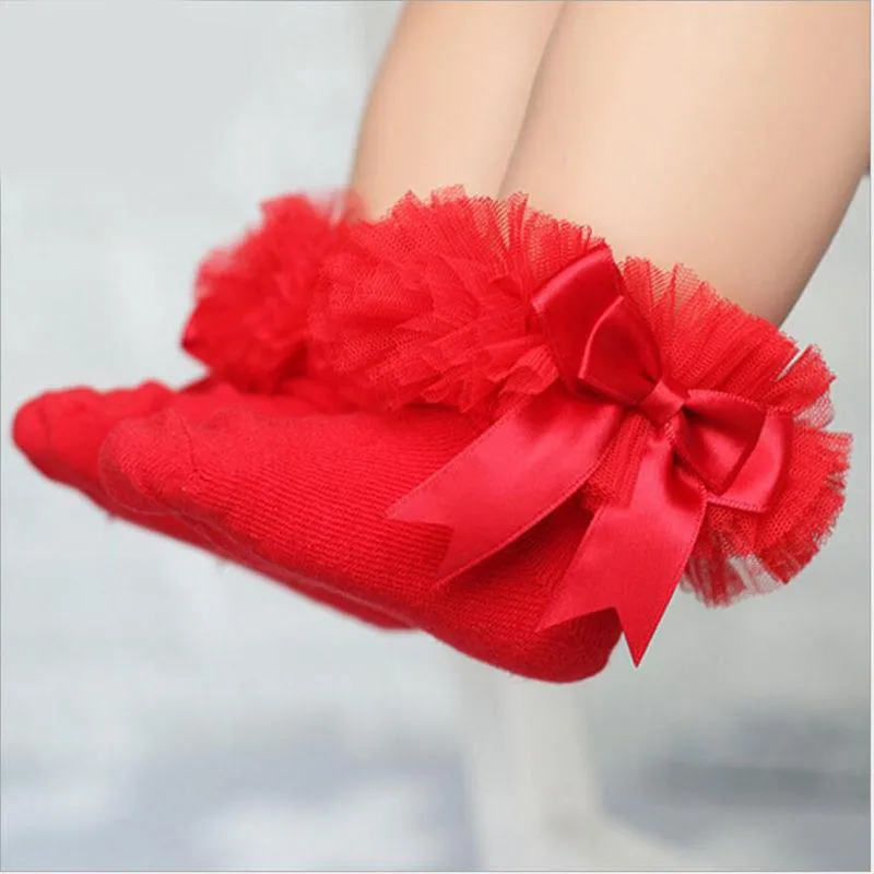 Baby Girls Cotton Lace Ruffle Bowtie  Socks