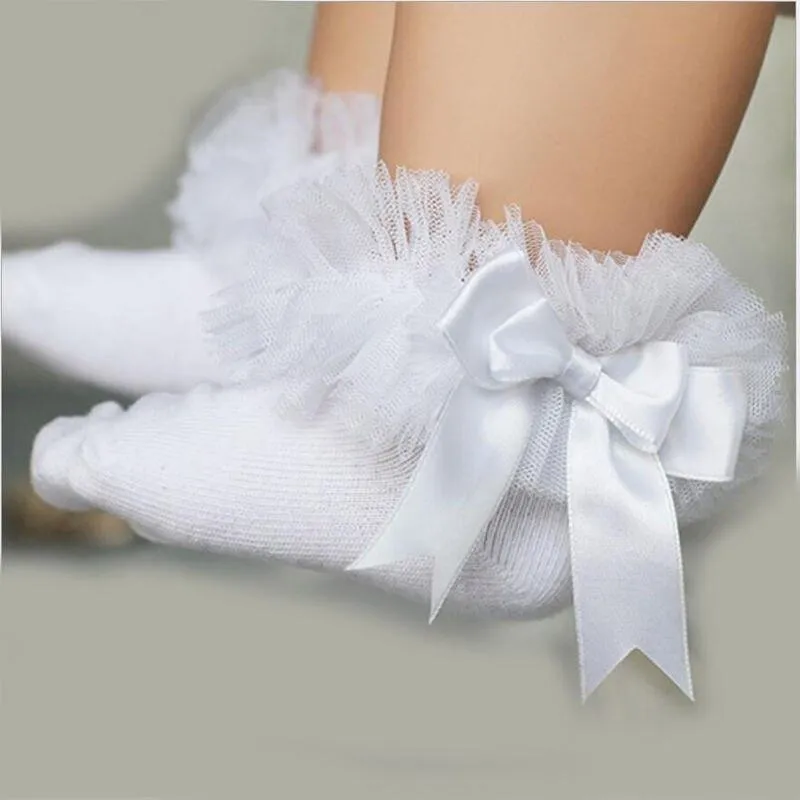 Baby Girls Cotton Lace Ruffle Bowtie  Socks