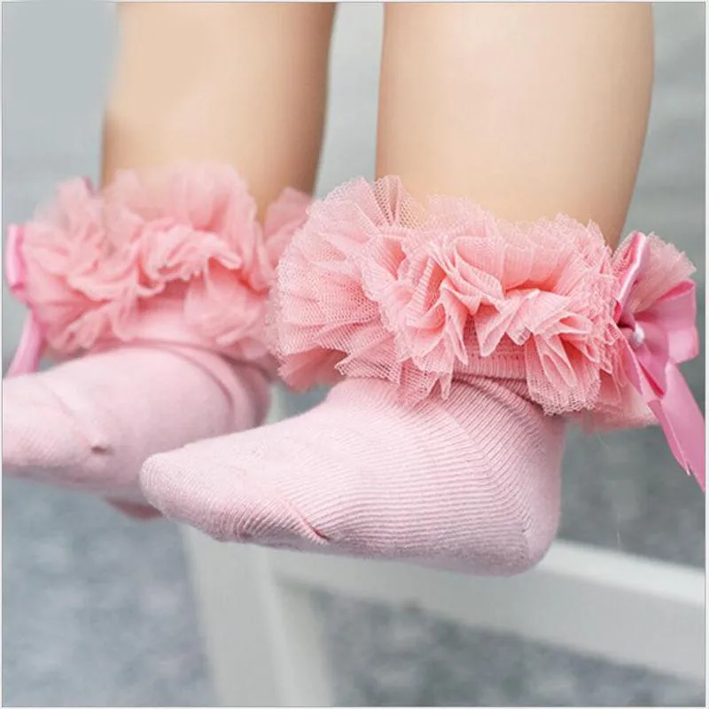 Baby Girls Cotton Lace Ruffle Bowtie  Socks