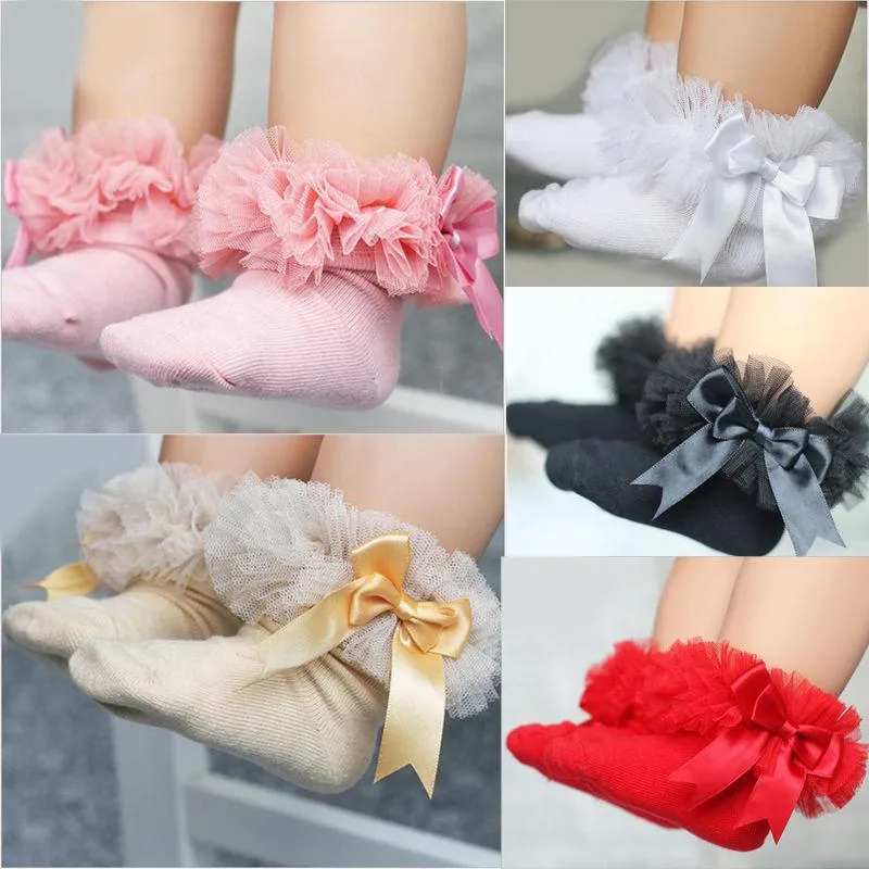 Baby Girls Cotton Lace Ruffle Bowtie  Socks