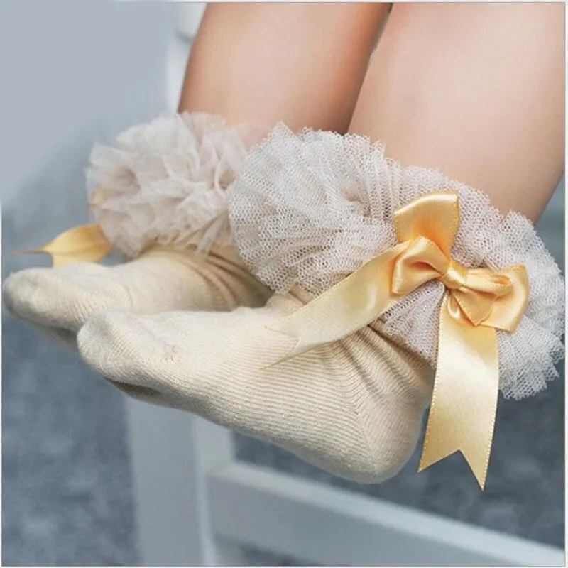 Baby Girls Cotton Lace Ruffle Bowtie  Socks