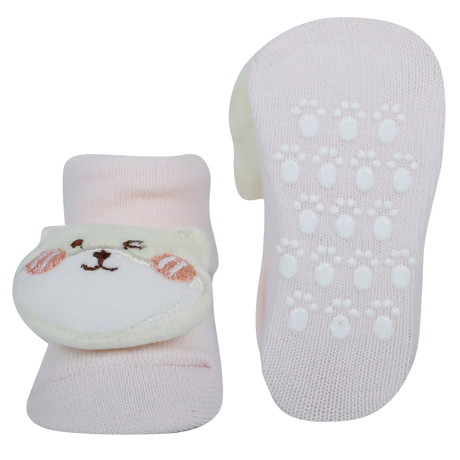 Baby Moo Bear And Bunny 3D Rattle Anti-Skid Socks Booties Pack of 2 - Pink, Purple