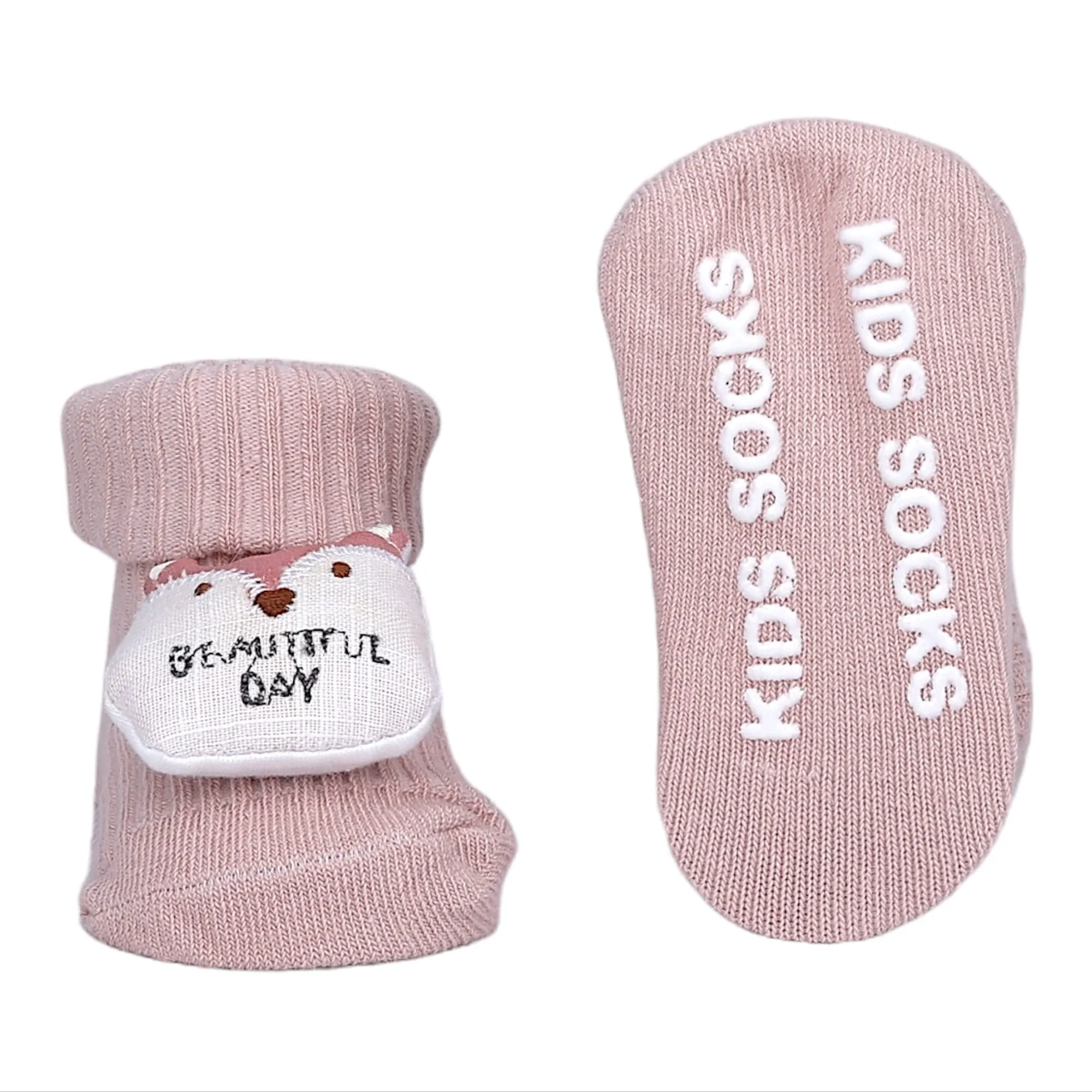 Baby Moo Bunny And Fox 3D Rattle Anti-Skid Socks Booties Pack of 2 - Peach, Rose Gold