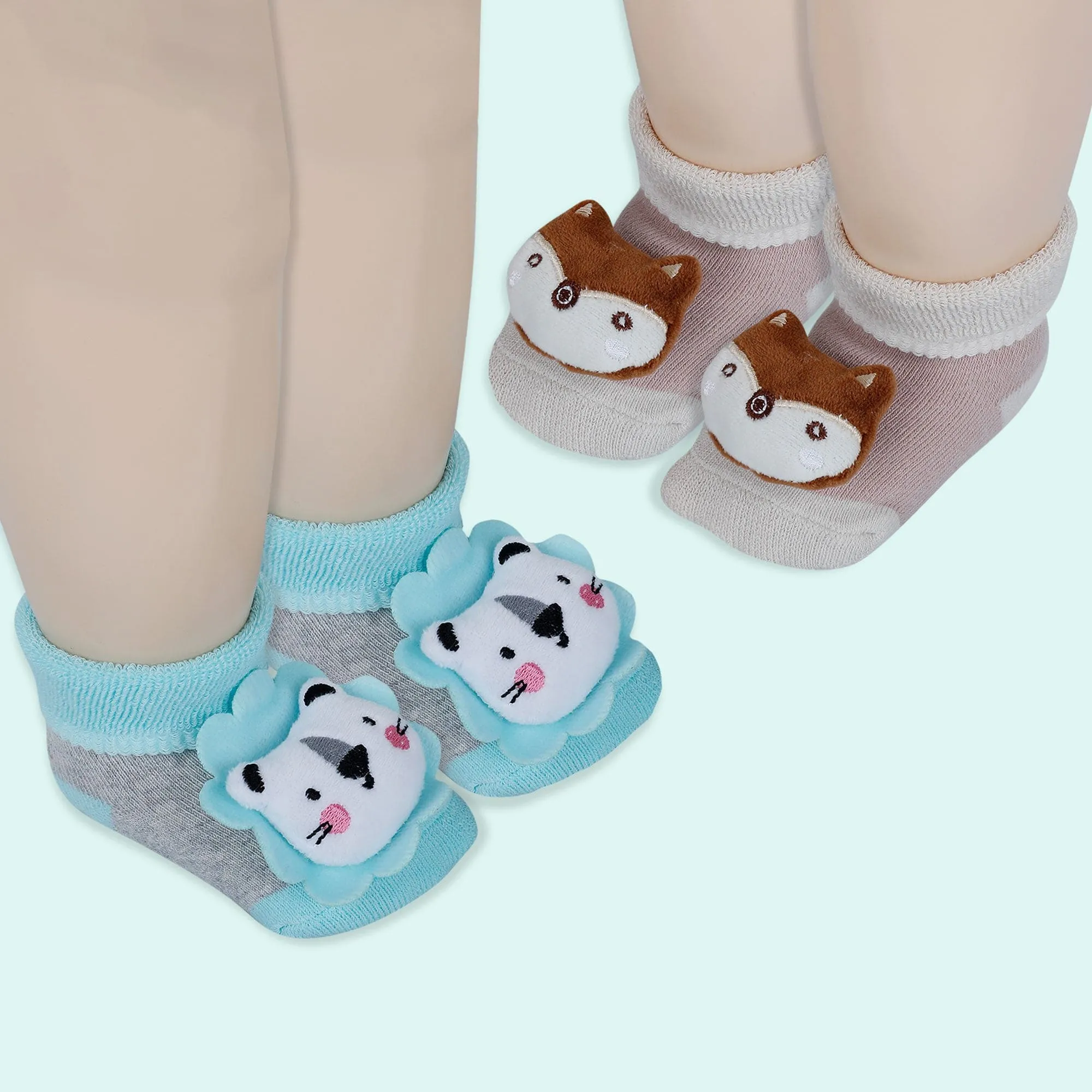 Baby Moo Fox And Bear 3D Rattle Anti-Skid Socks Booties Pack of 2 - Beige, Green