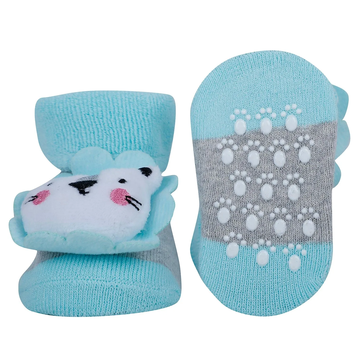 Baby Moo Fox And Bear 3D Rattle Anti-Skid Socks Booties Pack of 2 - Beige, Green