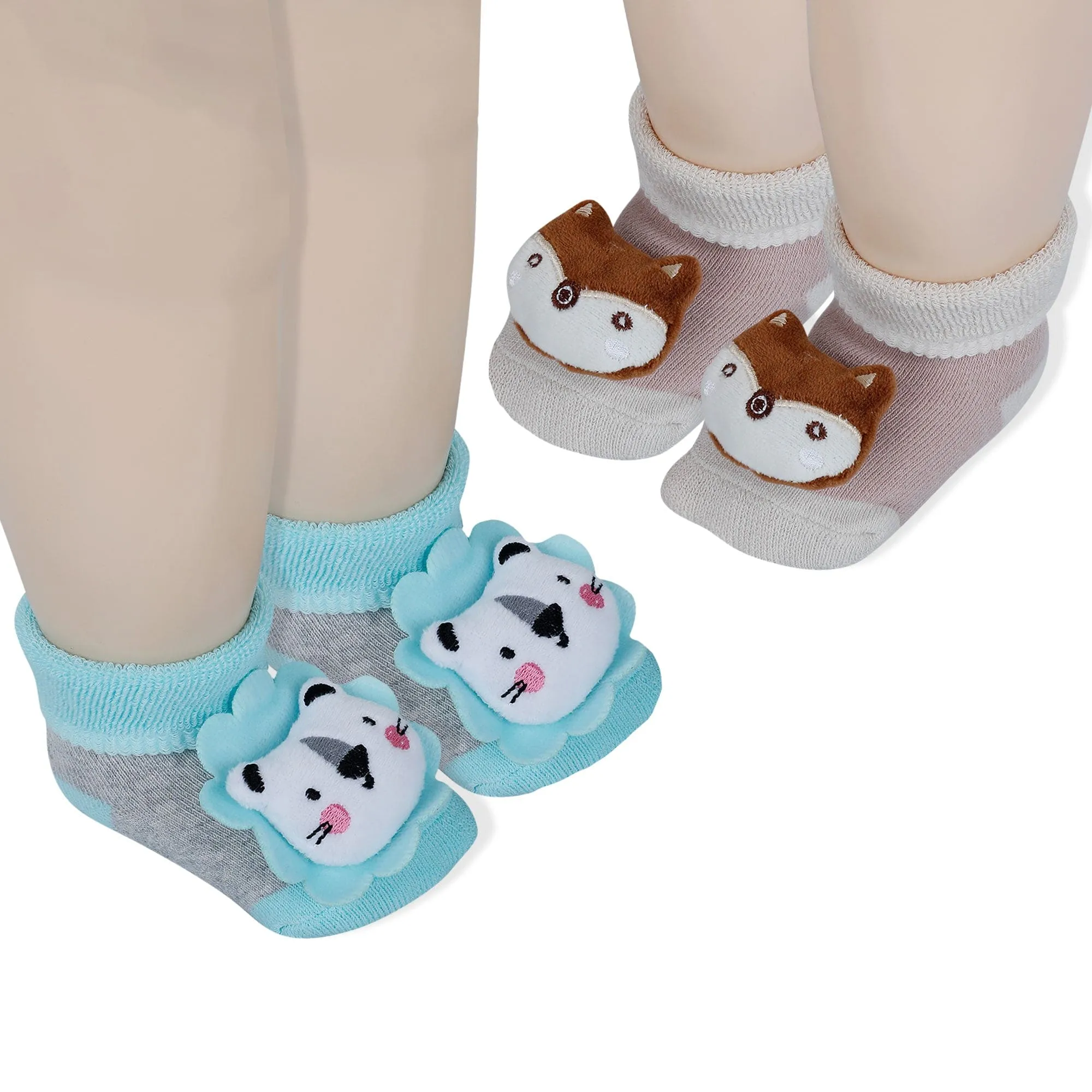 Baby Moo Fox And Bear 3D Rattle Anti-Skid Socks Booties Pack of 2 - Beige, Green