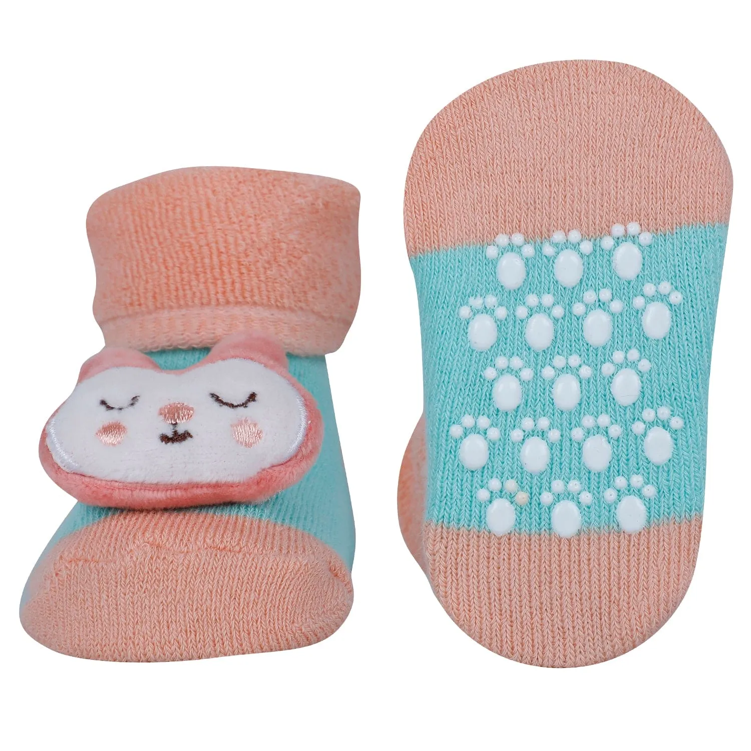 Baby Moo Kitty 3D Rattle Anti-Skid Socks Booties Pack of 6 - Pink