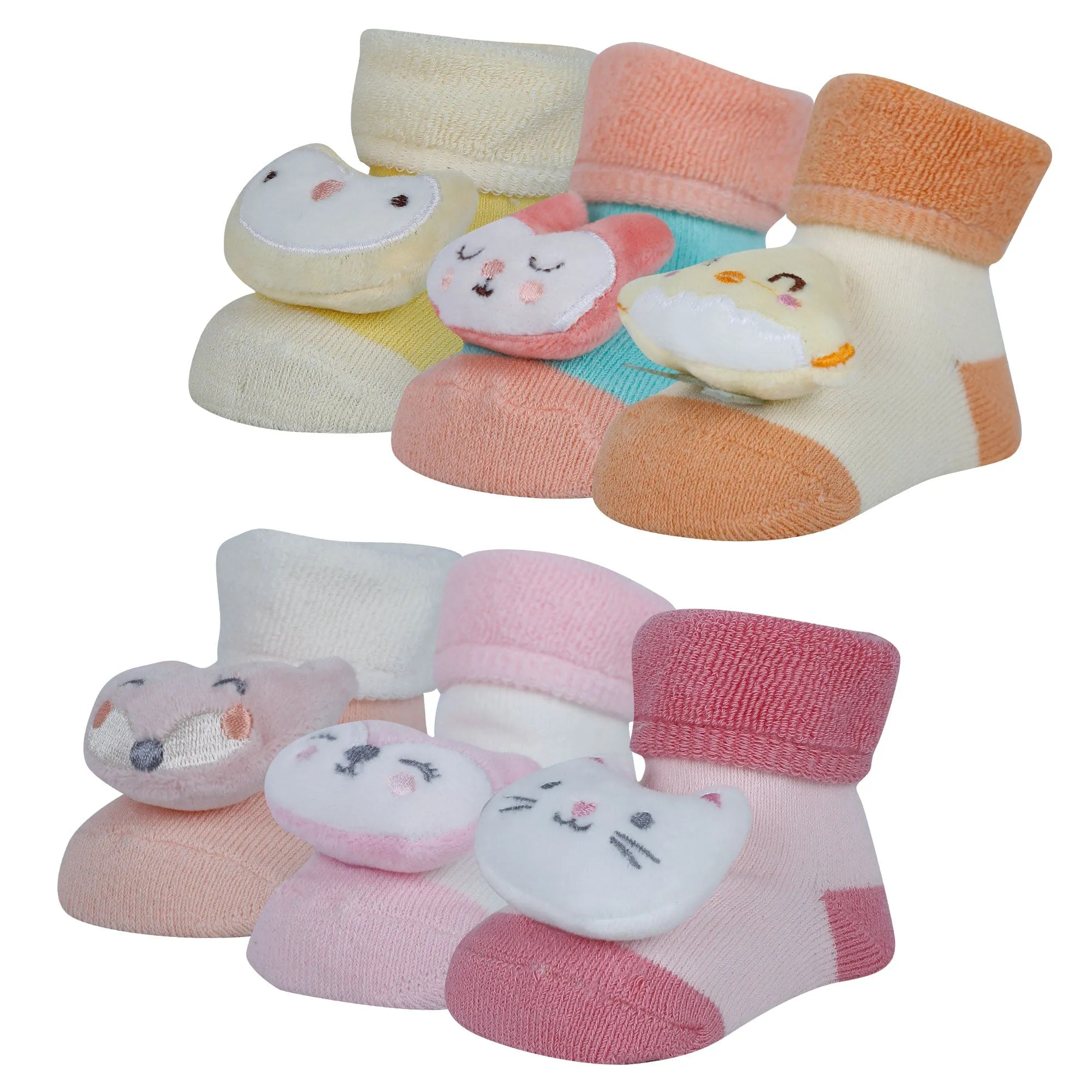 Baby Moo Kitty 3D Rattle Anti-Skid Socks Booties Pack of 6 - Pink