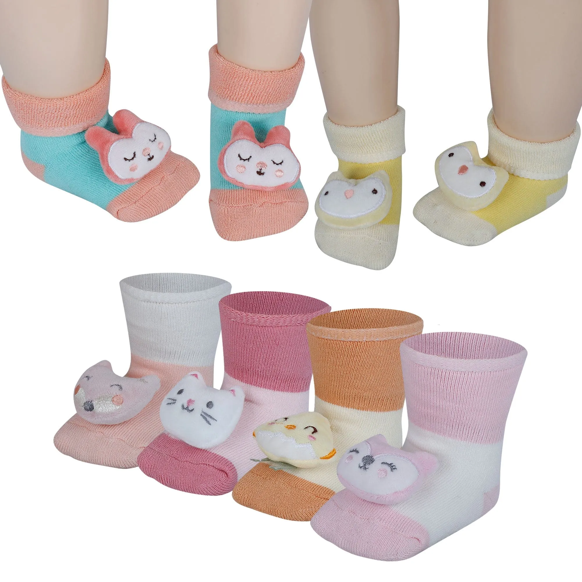 Baby Moo Kitty 3D Rattle Anti-Skid Socks Booties Pack of 6 - Pink