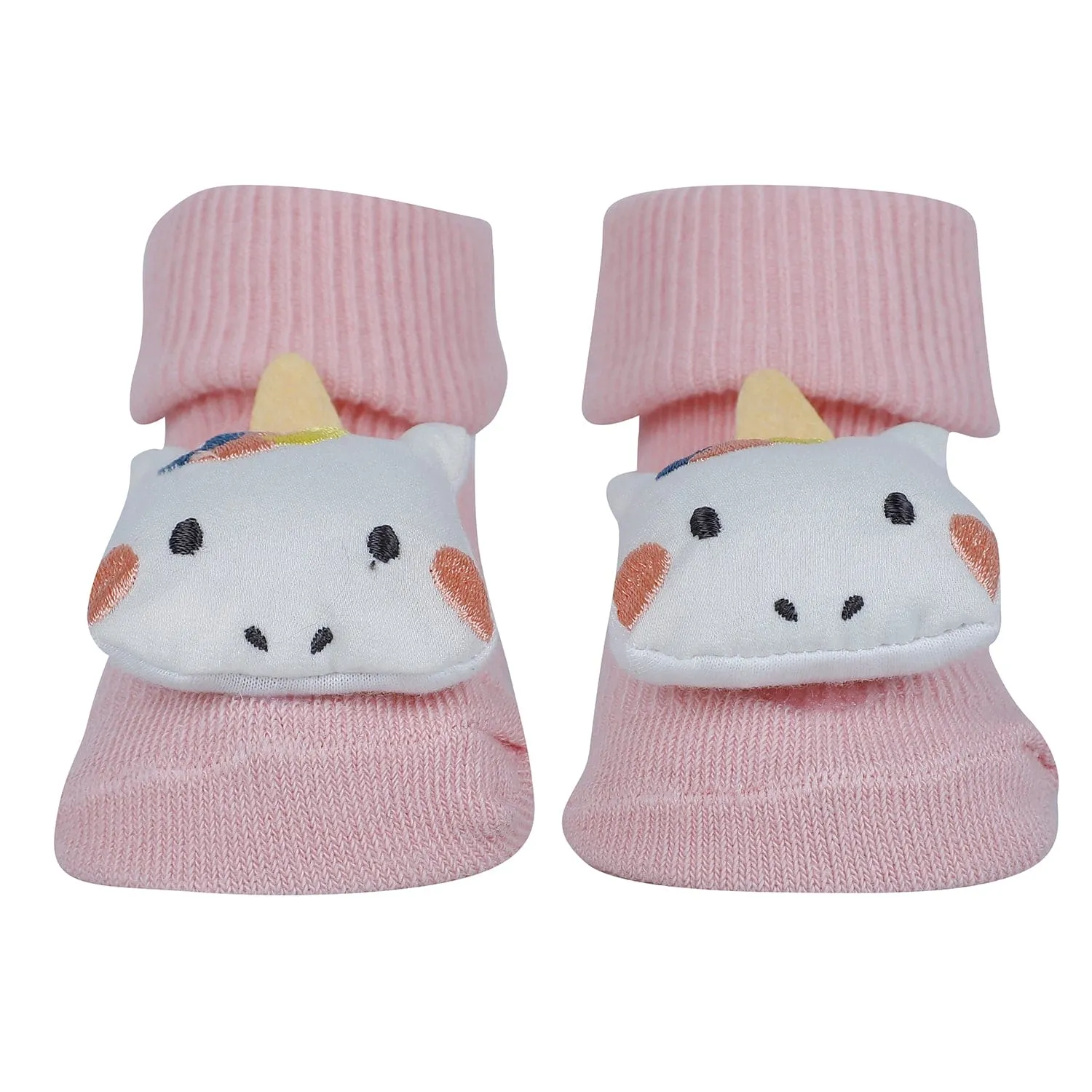 Baby Moo Unicorn 3D Rattle Anti-Skid Socks Booties Pack of 3 - Pink