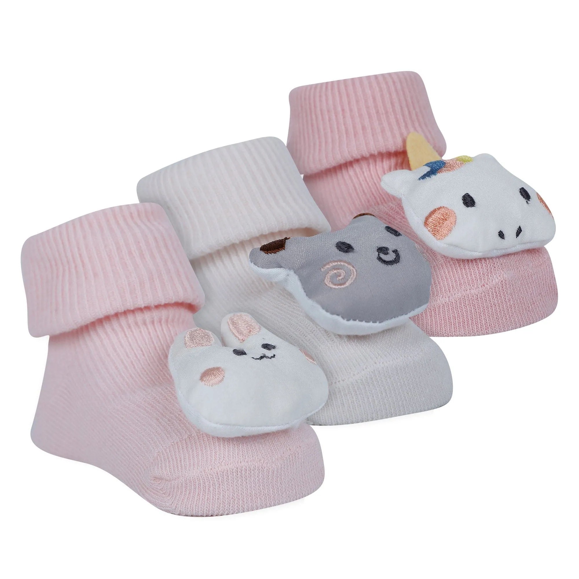 Baby Moo Unicorn 3D Rattle Anti-Skid Socks Booties Pack of 3 - Pink