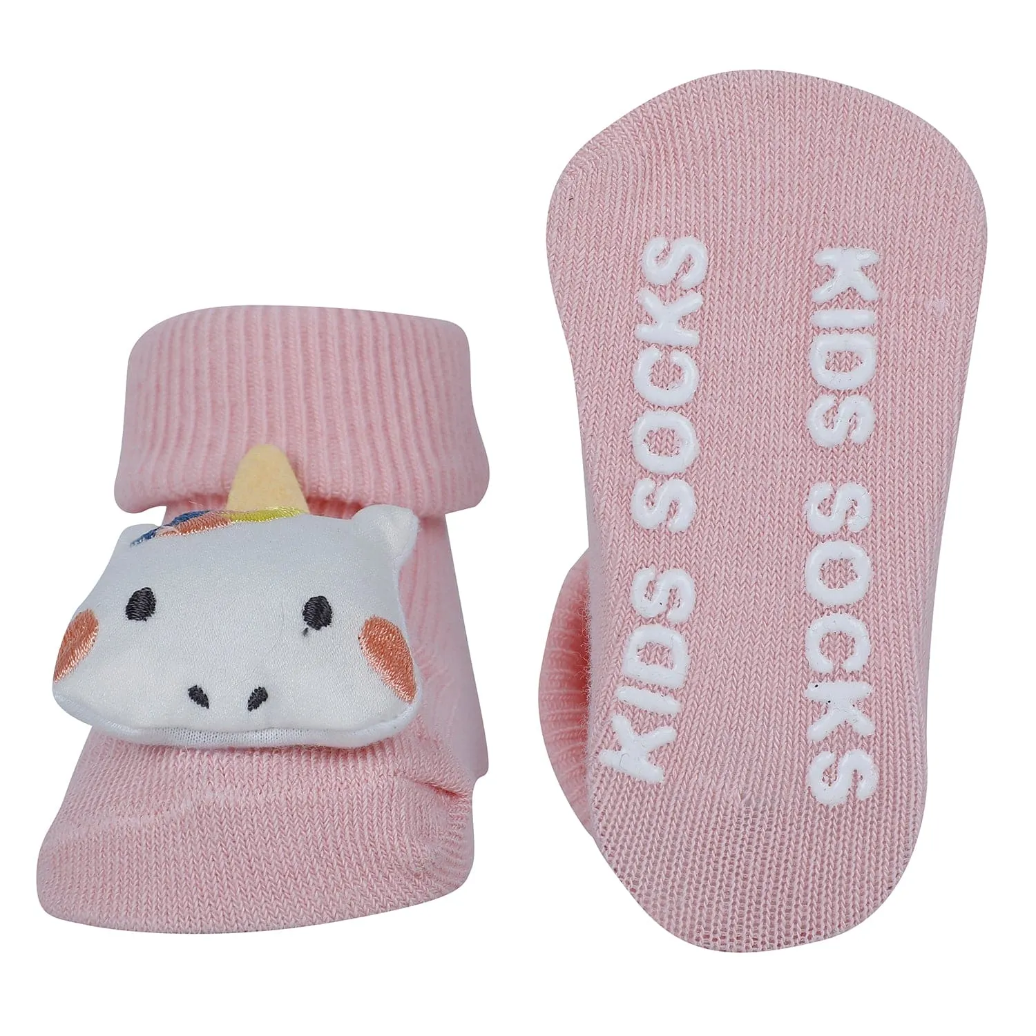 Baby Moo Unicorn 3D Rattle Anti-Skid Socks Booties Pack of 3 - Pink