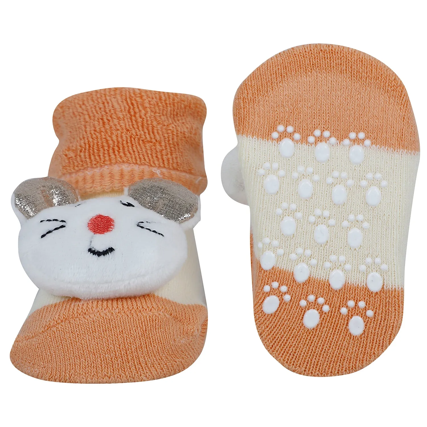 Baby Moo Unicorn And Mouse 3D Rattle Anti-Skid Socks Booties Pack of 2 - Pink, Orange