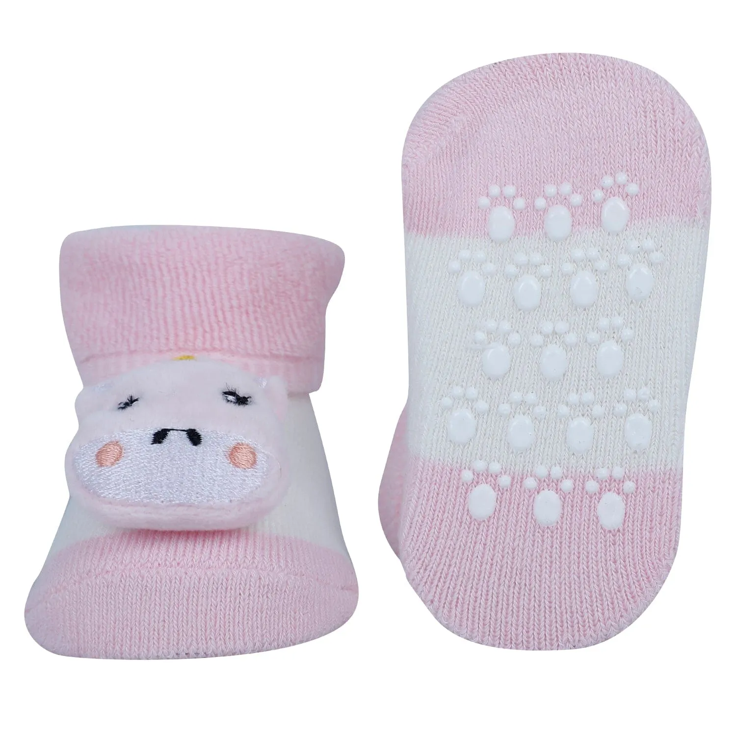 Baby Moo Unicorn And Mouse 3D Rattle Anti-Skid Socks Booties Pack of 2 - Pink, Orange