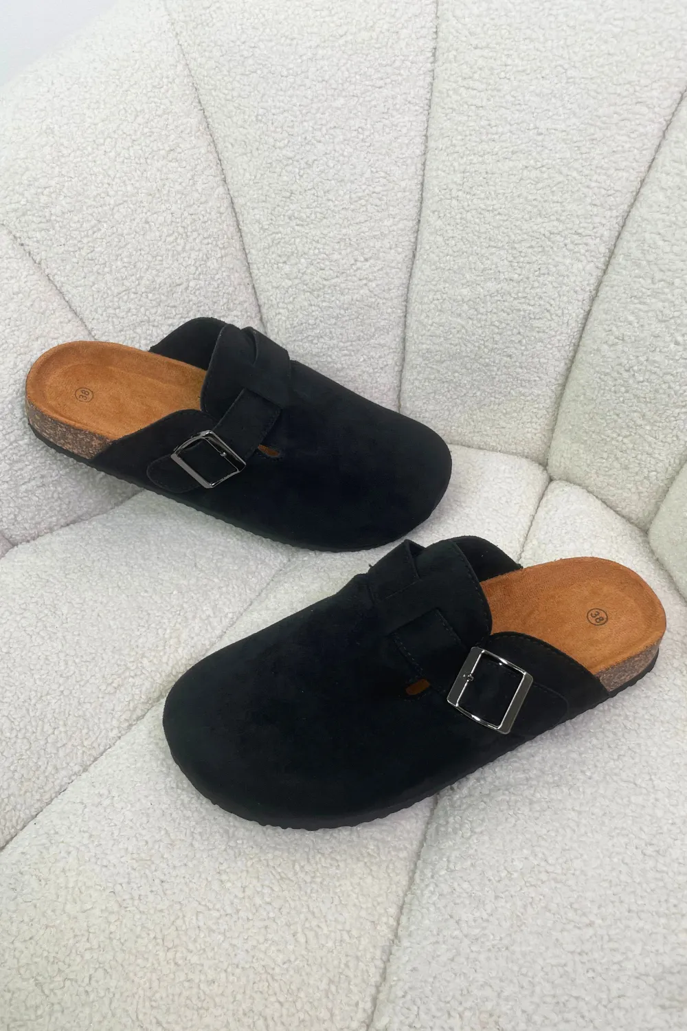 Billie black faux suede clog mules