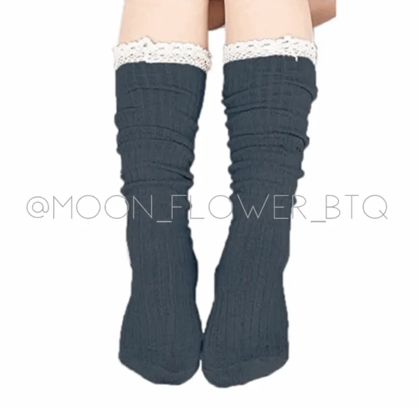 Blue Lace Trim Knit Over the Knee High Socks