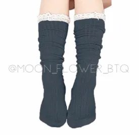 Blue Lace Trim Knit Over the Knee High Socks