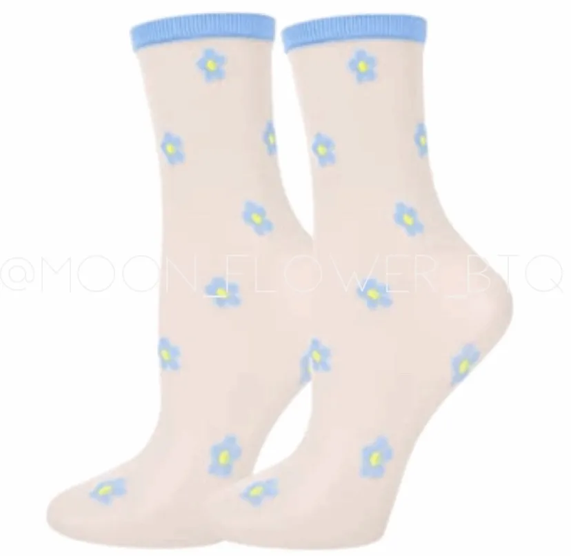 Blue Trendy Summer Floral Mesh Daisy Flower Socks