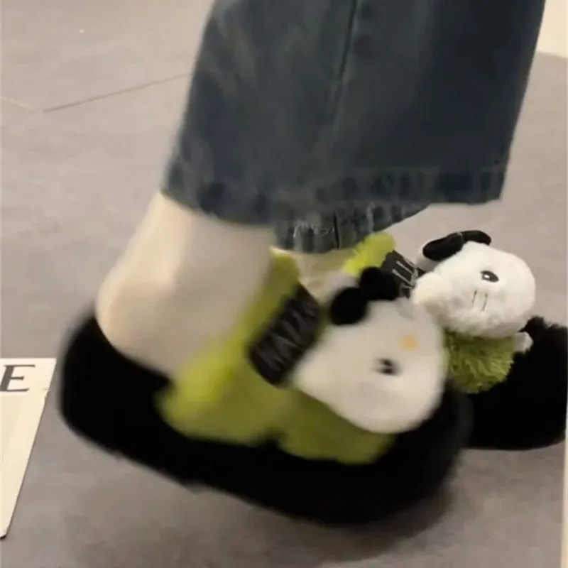 Cartoon Green Kitty Fuzzy Slippers KI642