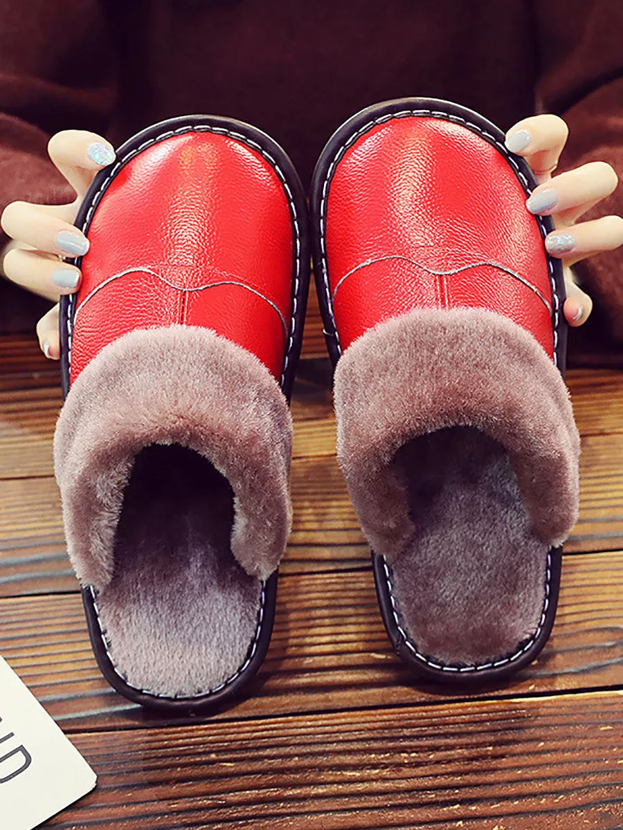 Couple Winter Vintage Leather Plush Indoor Slippers