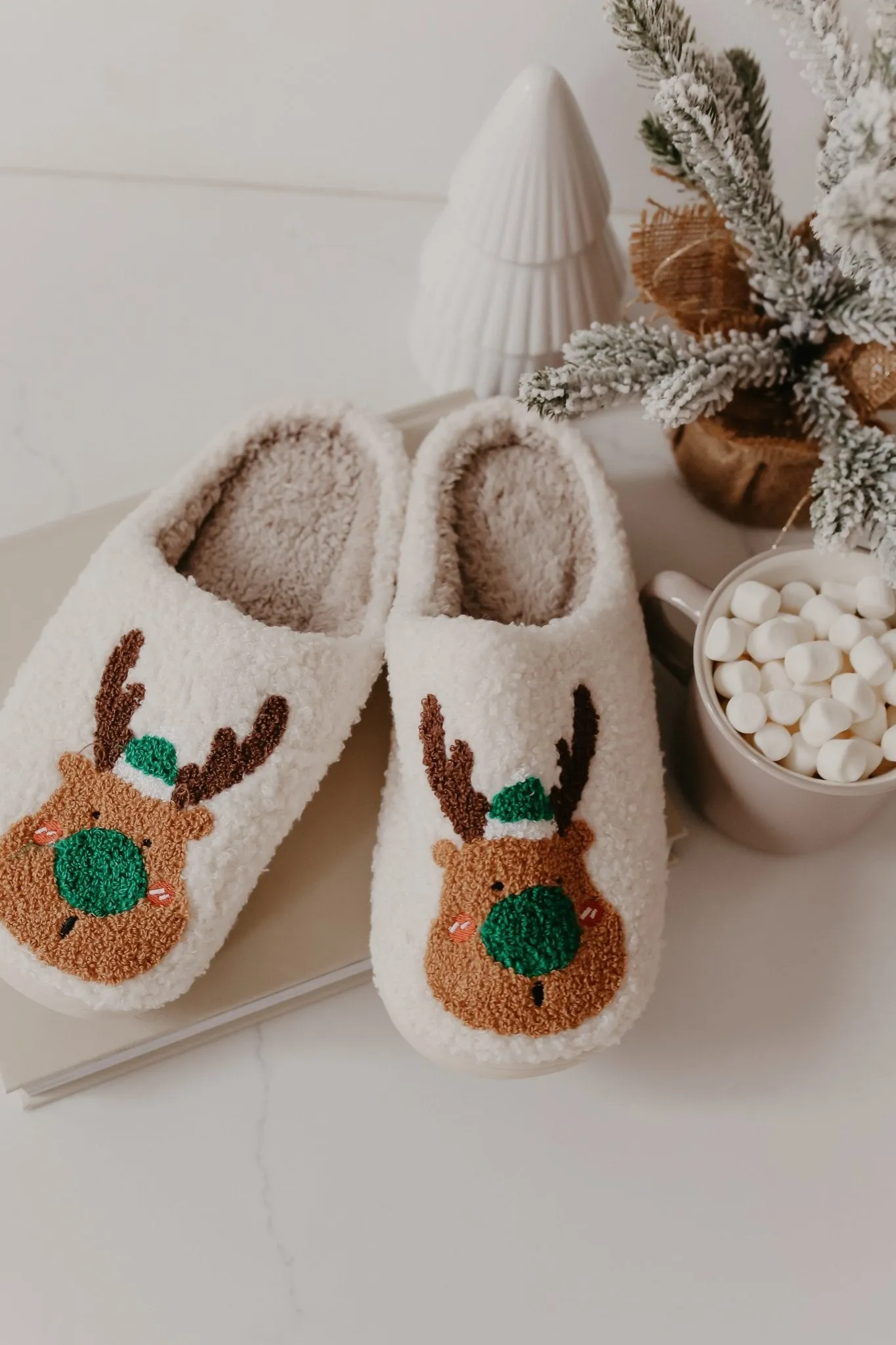 Cream Faux Plush Reindeer Slippers