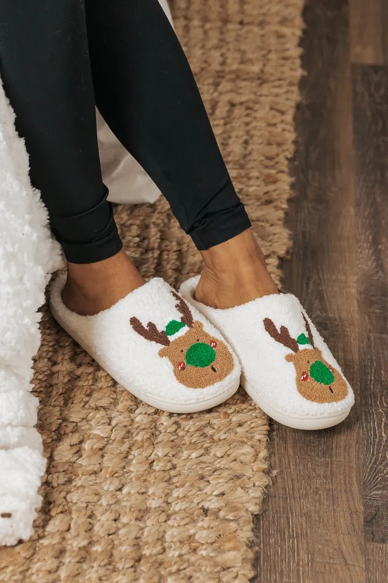 Cream Faux Plush Reindeer Slippers