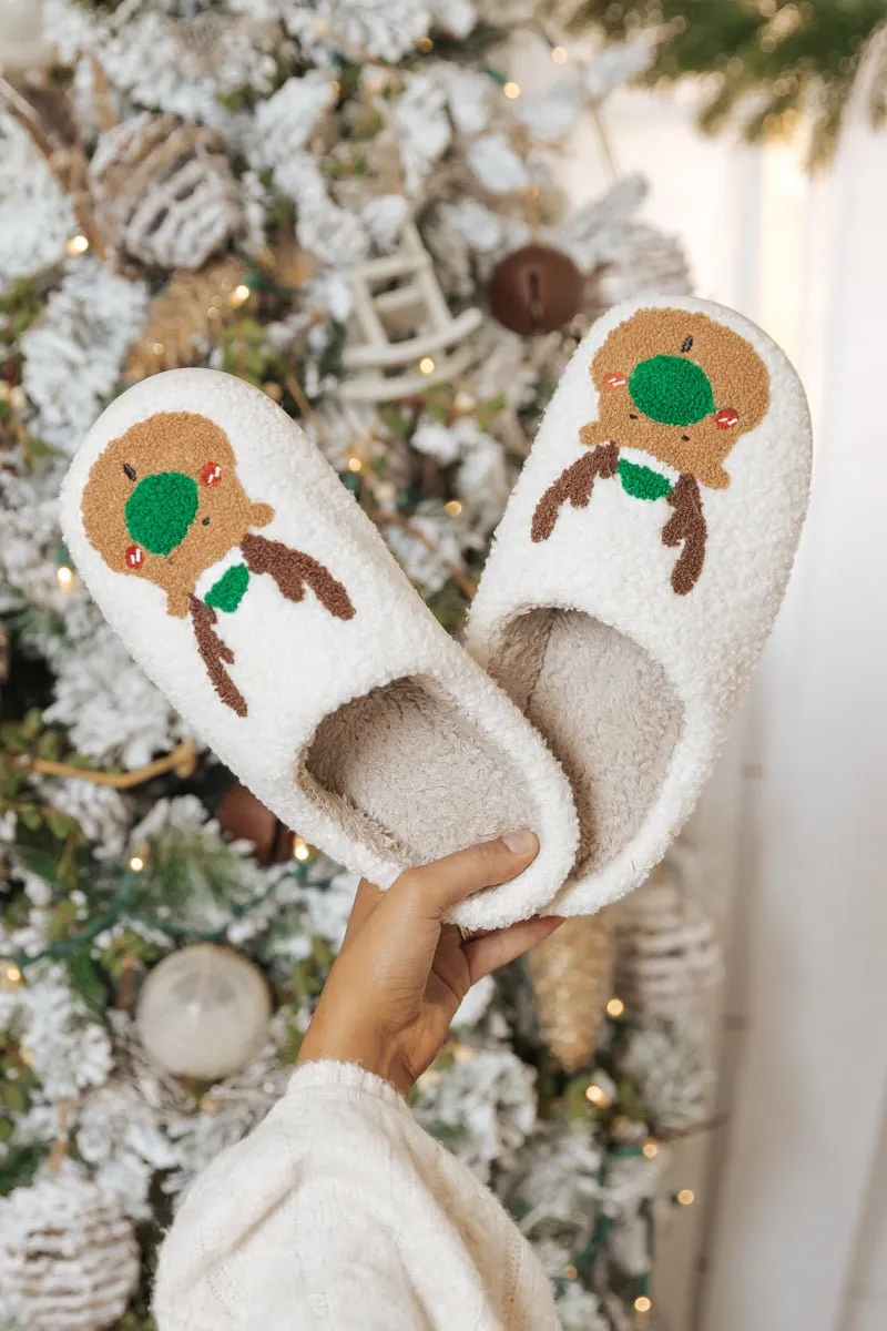 Cream Faux Plush Reindeer Slippers