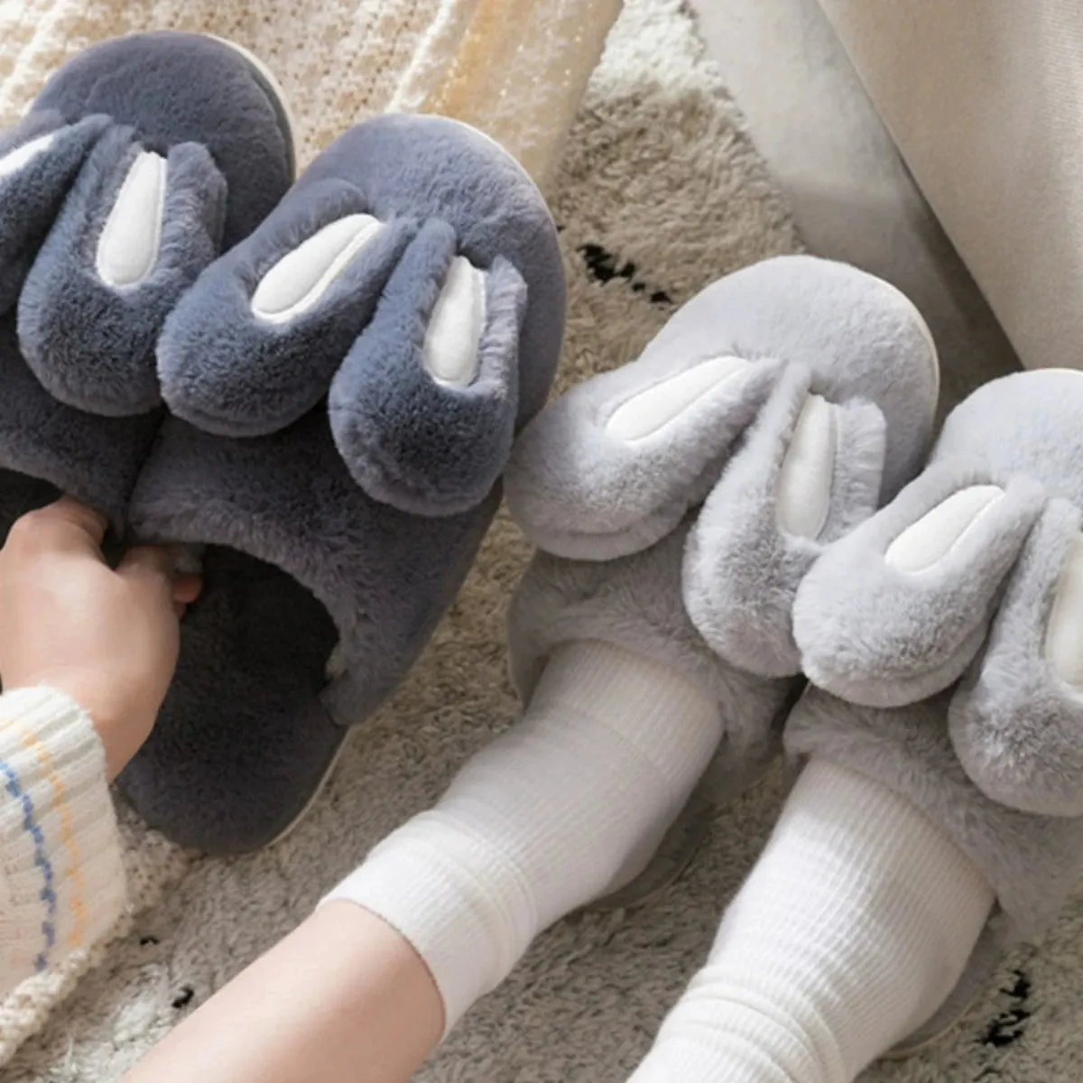 Cute Rabbit Ears Plush Cotton Slippers for Women