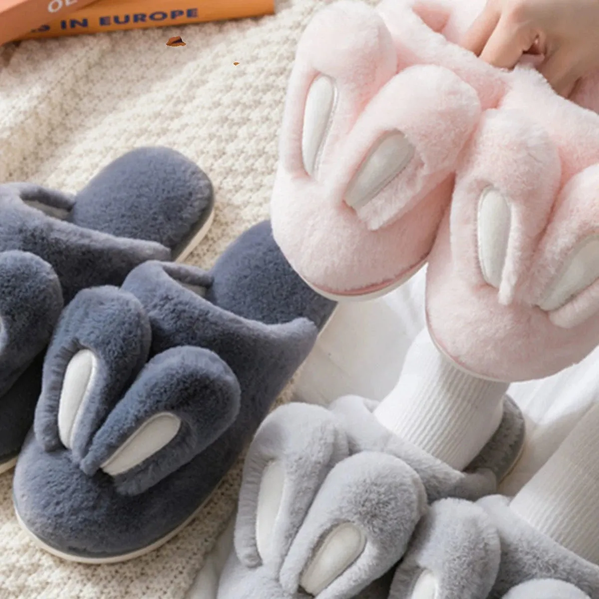 Cute Rabbit Ears Plush Cotton Slippers for Women