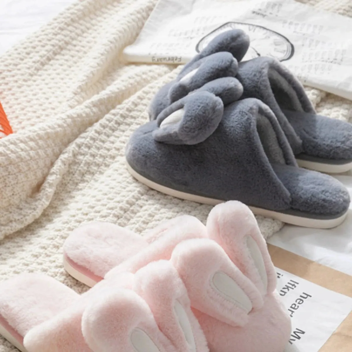 Cute Rabbit Ears Plush Cotton Slippers for Women