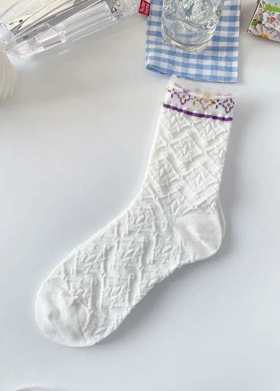 Elegant Floral Jacquard Cotton Mid Calf Socks