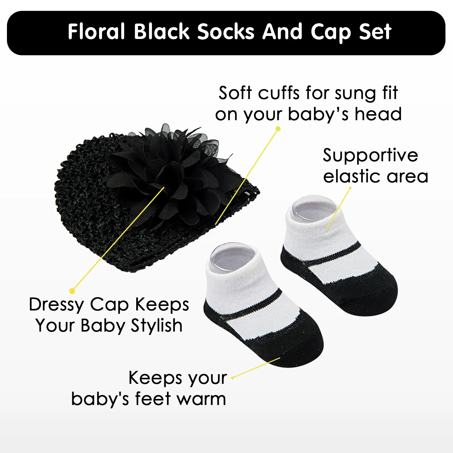 Floral Black Socks And Cap Set