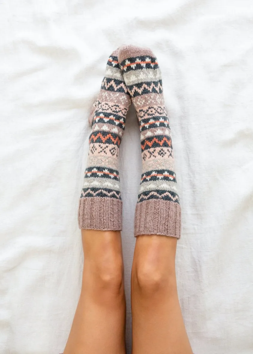 Hand-knit Fair Isle Chunky Socks - Dusty Mauve