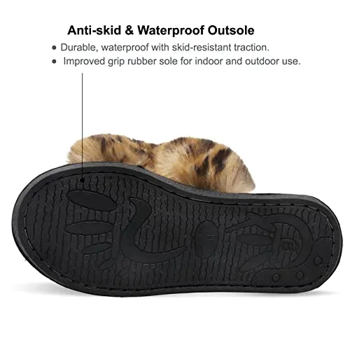 JIASUQI Women's Cross Band Fuzzy House Slippers Soft Plush Furry Faux Fur House Indoor Outdoor Slippers for Women Leopard 8-9