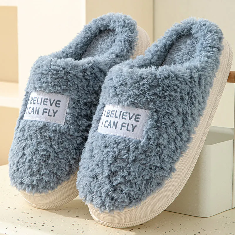 Letter Design Thick Sole Home Slippers Indoor Outside Slides Winter Warm Fluffy Slippers Non-Slip Fur Cotton Shoes Ladies Couples