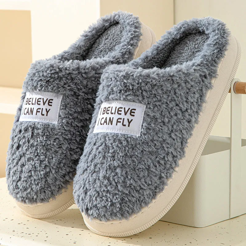 Letter Design Thick Sole Home Slippers Indoor Outside Slides Winter Warm Fluffy Slippers Non-Slip Fur Cotton Shoes Ladies Couples