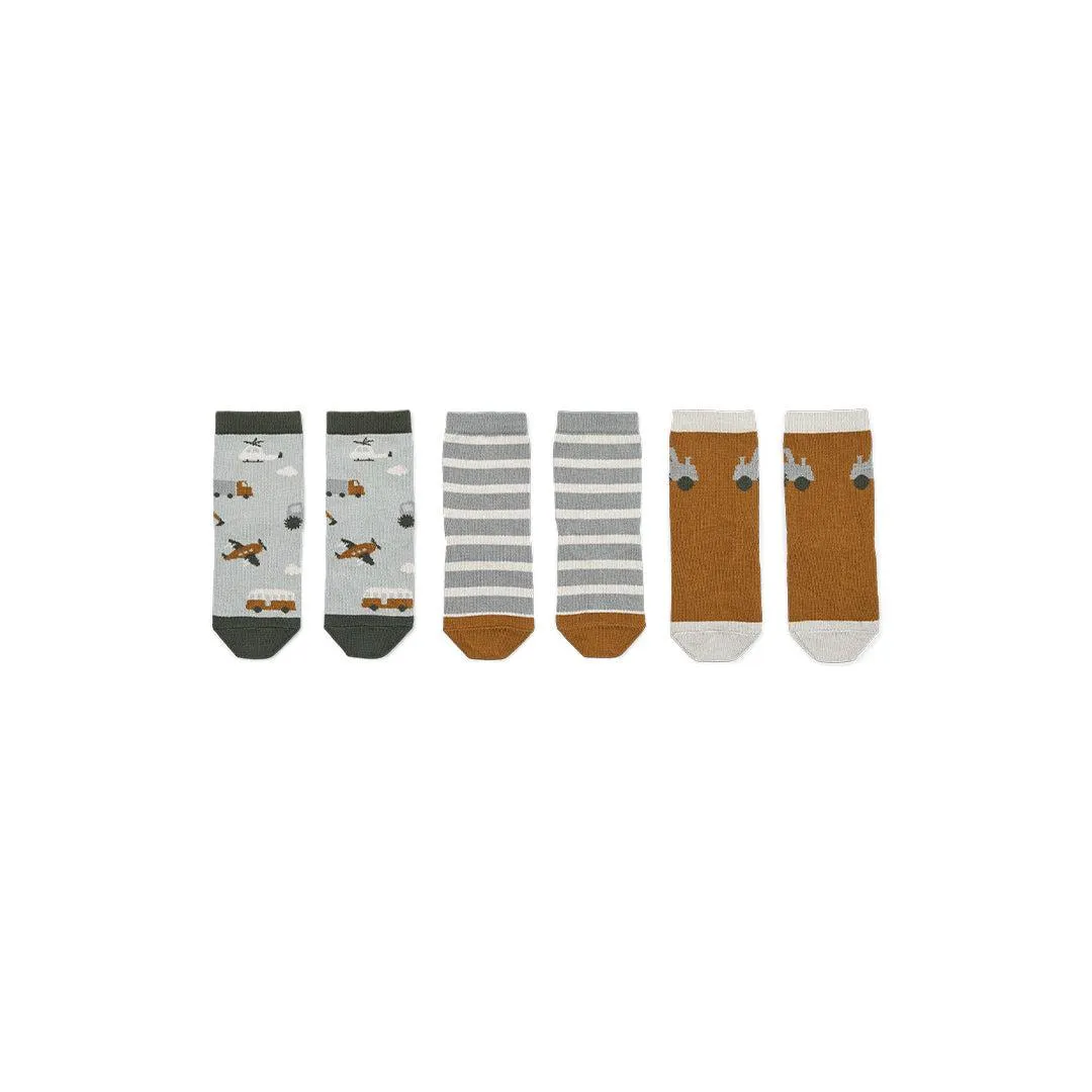 Liewood Silas Cotton Socks - 3 Pack - Dove Blue - Vehicles