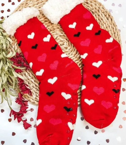 Love You Heart Sherpa Socks in Red