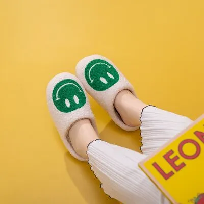 Melody White and Green Smiley Face Slippers