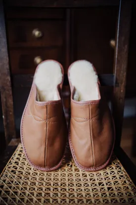 Men's Slippers leather and wool, caramel