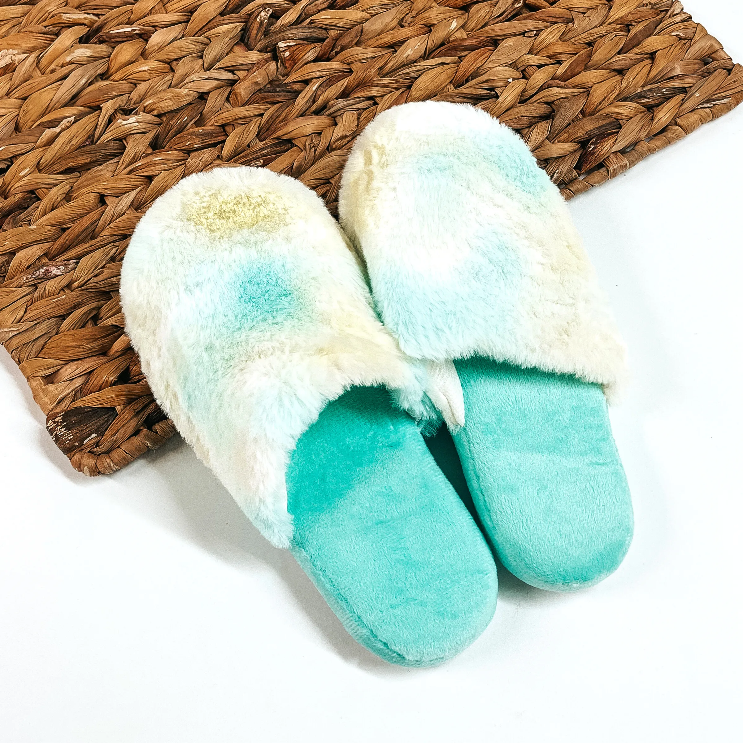 Props To You Tie Dye Fluffy Slippers in Teal Mix