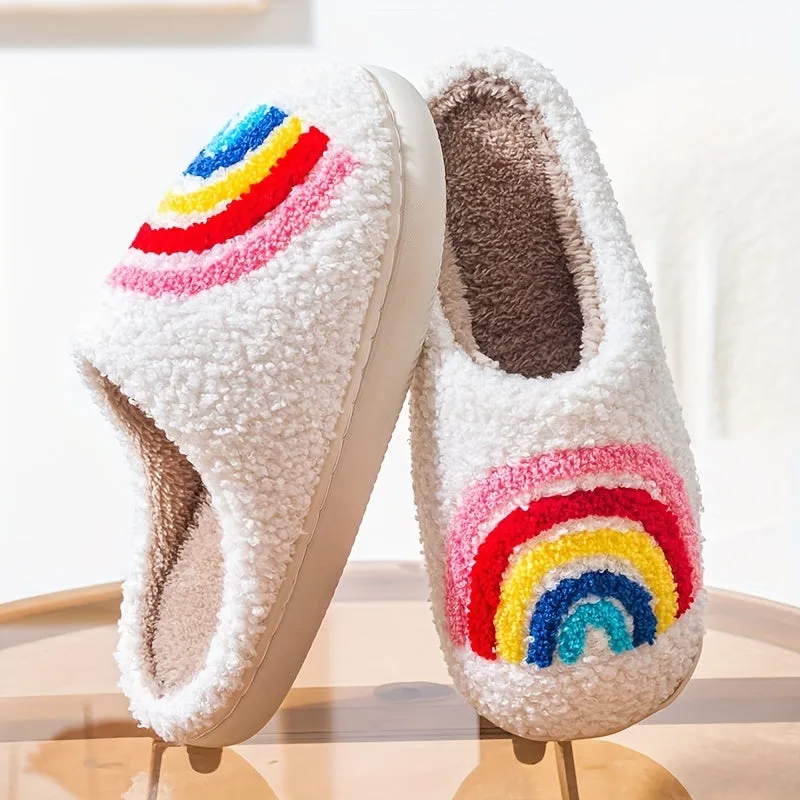 Rainbow Pattern Plush House Slippers, Cute Closed Toe Fuzzy Slip On Shoes, Cozy & Warm Home Slippers