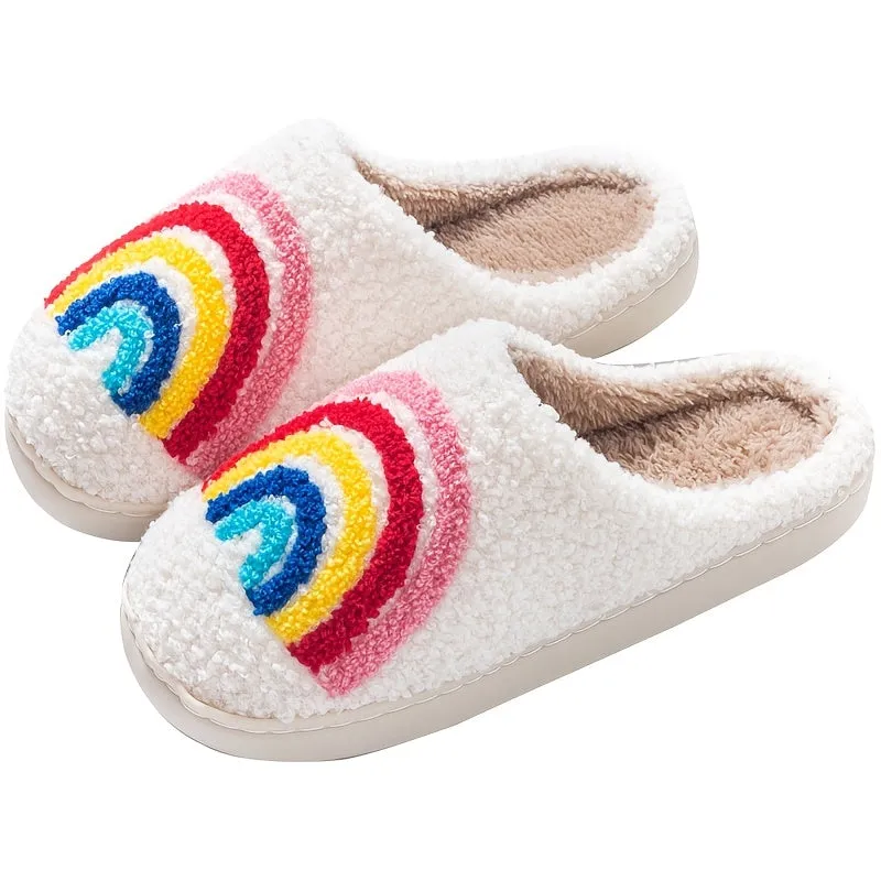 Rainbow Pattern Plush House Slippers, Cute Closed Toe Fuzzy Slip On Shoes, Cozy & Warm Home Slippers