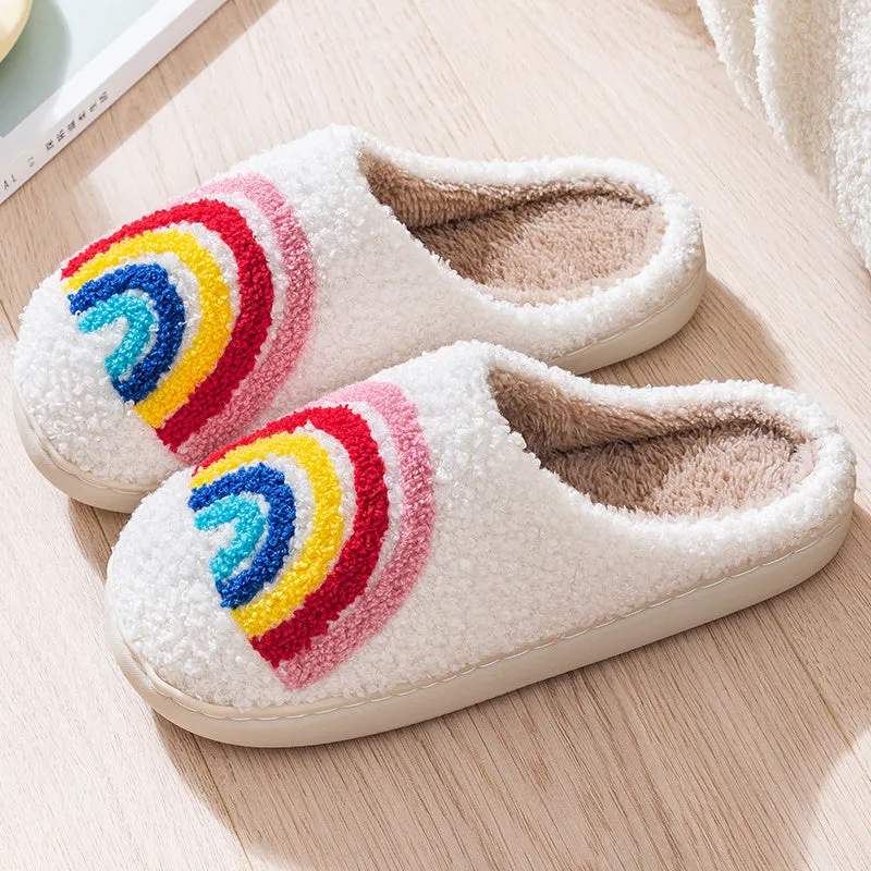 Rainbow Pattern Plush House Slippers, Cute Closed Toe Fuzzy Slip On Shoes, Cozy & Warm Home Slippers