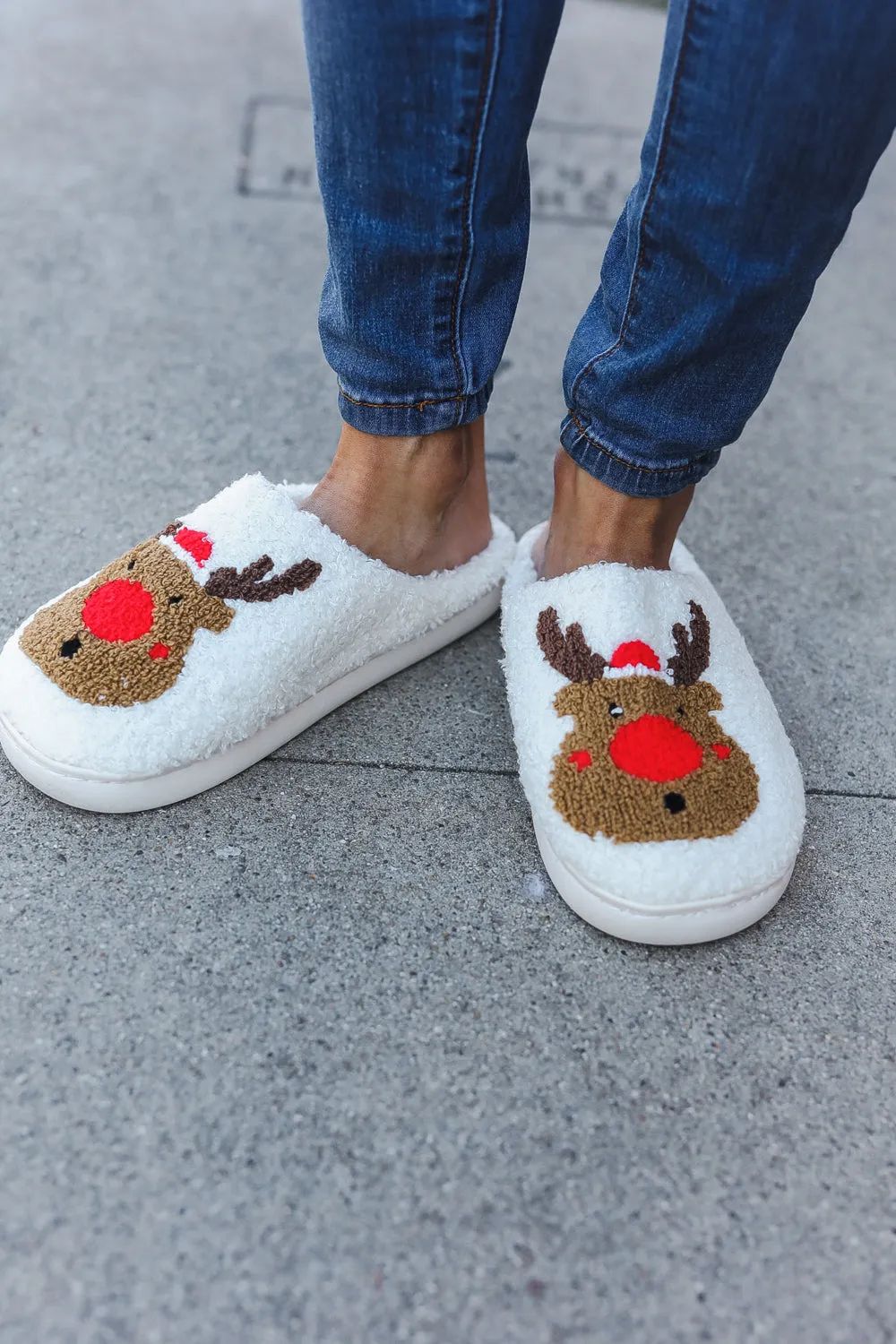 Red Nose Reindeer Print Fleece Slippers